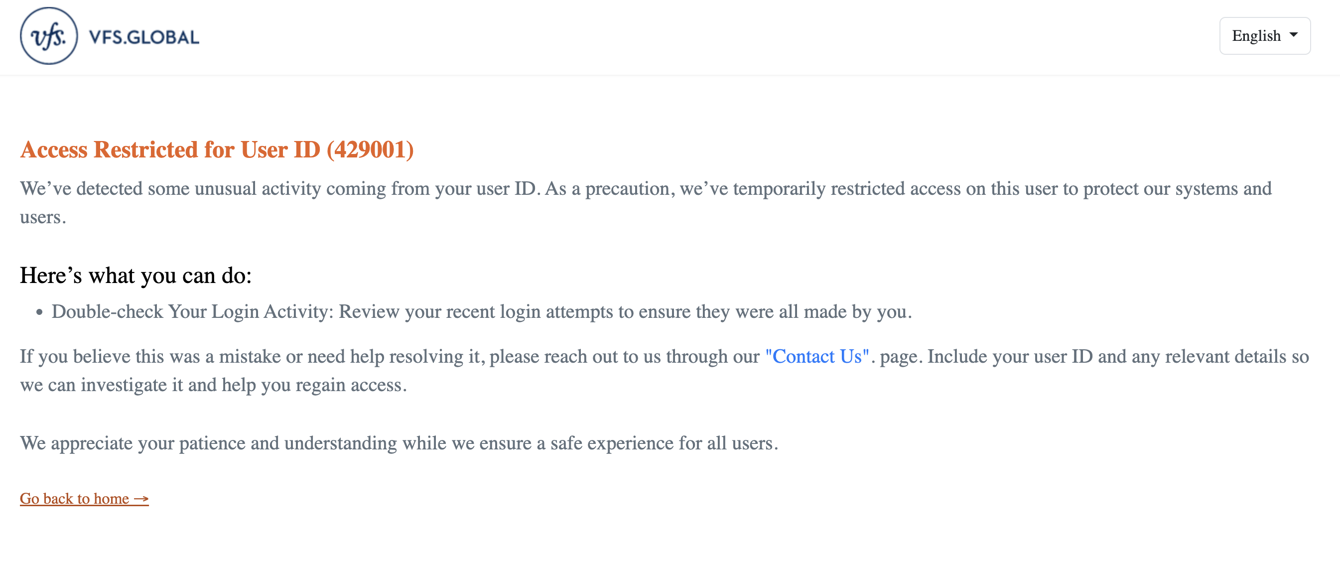 Access Restricted for User ID (429001) Error Screenshot