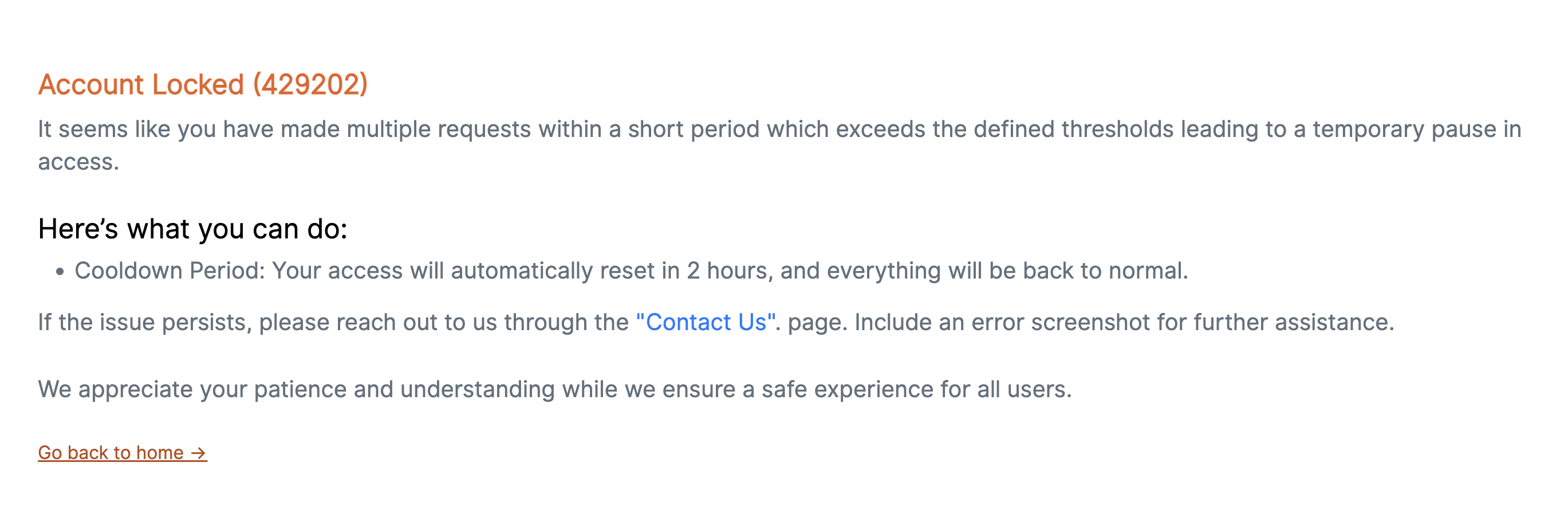 Account Locked (429202) Error Screenshot