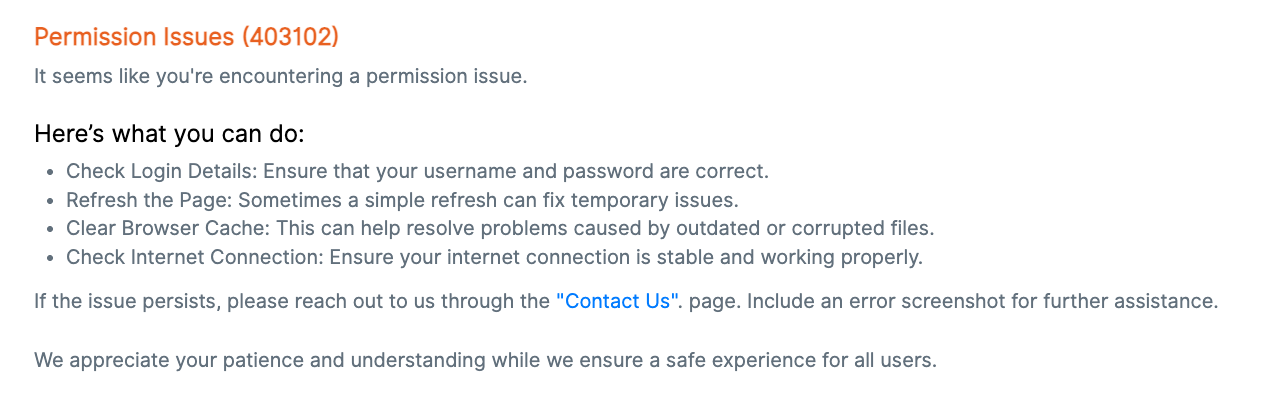 Permission Issues (403102) Error Screenshot