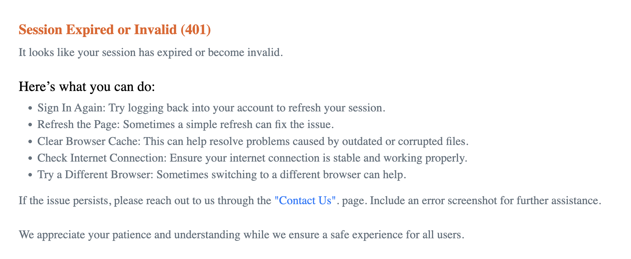 Session Expired or Invalid (401) Error Screenshot