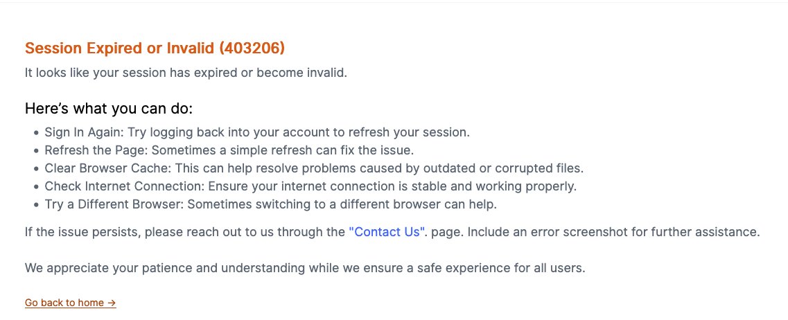 Session Expired or Invalid (403206) Error Screenshot